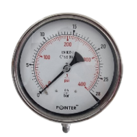 SS BODY PRESSURE GAUGE 28BAR/400PSI BOTTOM CONNECTION DIAL (8'') DRY